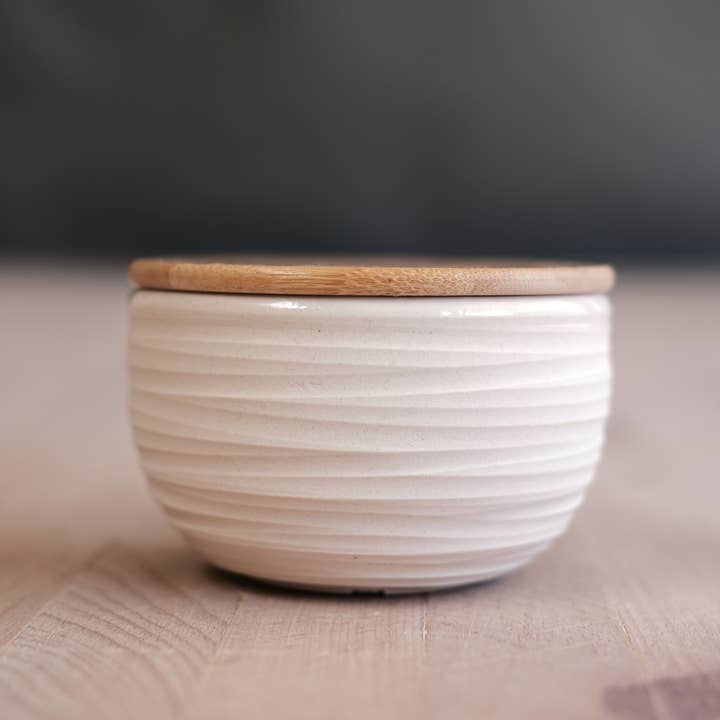 dune - salt cellar with bamboo lid - handmade porcelain for wholesale by FHAR Studio