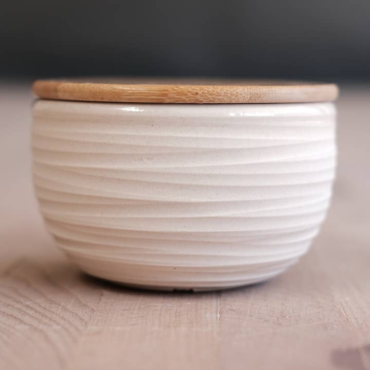 dune - salt cellar with bamboo lid - handmade porcelain for wholesale by FHAR Studio