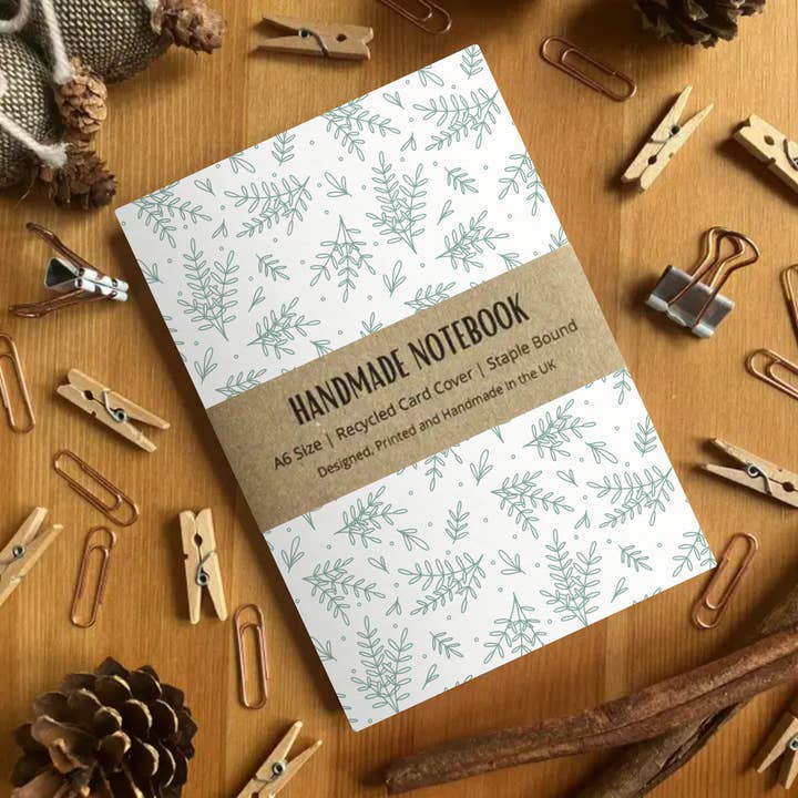 White and Green Leaf Pattern A6 Sized Blank Notebook for wholesale by SH Designs