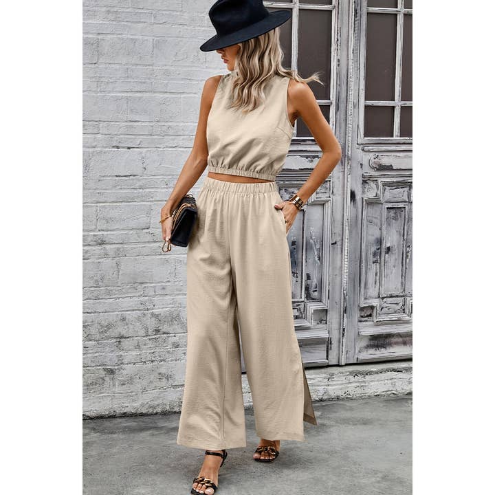 khaki Two Pieces Side Open Pockets Sleeveless Sets for wholesale on Faire