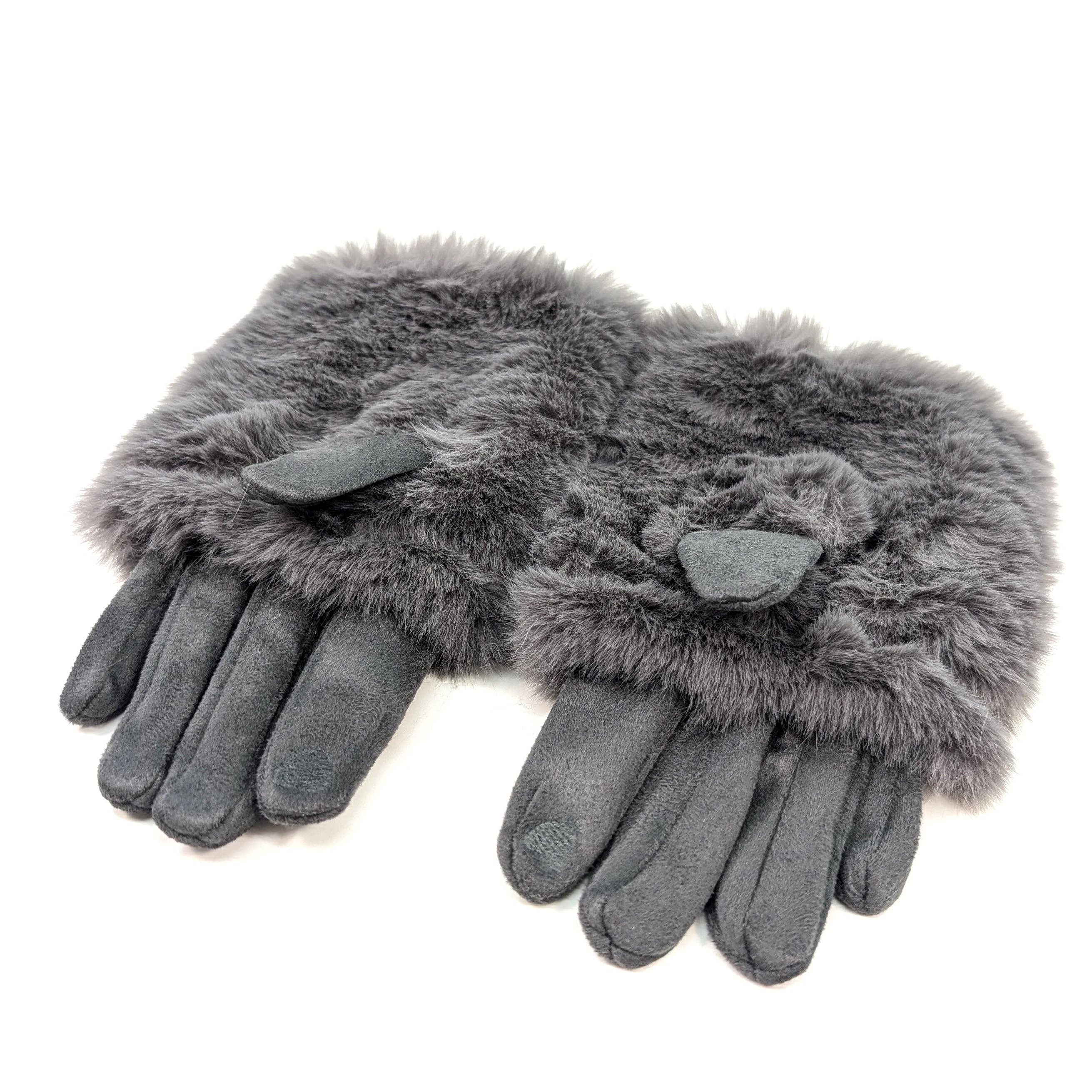Black Ginger – wholesale Gloves – Women's – Super Fluffy Faux Fur Two in One Gloves - Dark Grey2