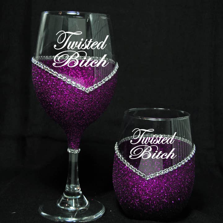 WineyBitches.Co - Wholesale Wine Glass - Twisted Bitch – Bling Glitter Glass Wine Glass (The Bitch Collection)