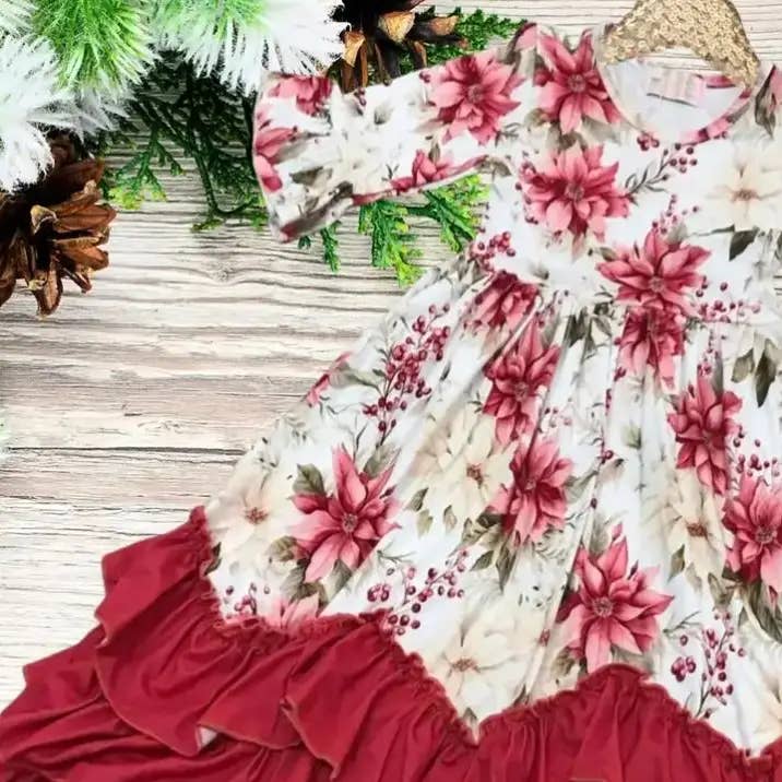 Robe de Noël 2025 longue à volants rouge poinsettia pour la vente par Rufflеѕ & Bоwtіеѕ - Affordable Boys & Girls Clothing