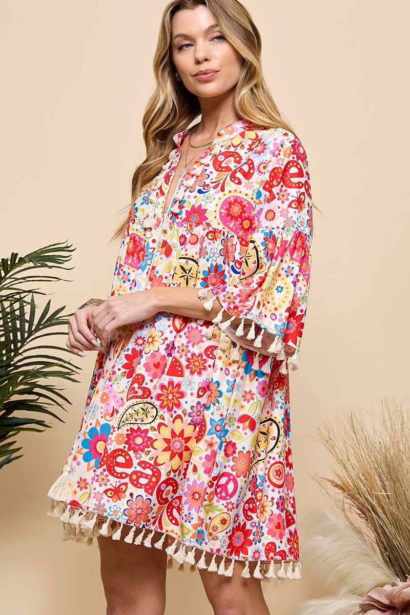 Red Multi Print V Neck Tassel  Dress for wholesale on Faire4