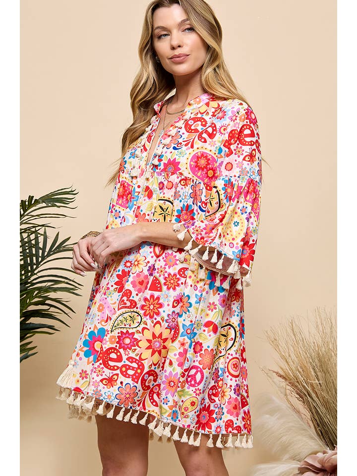 Red Multi Print V Neck Tassel Dress for wholesale on Faire4