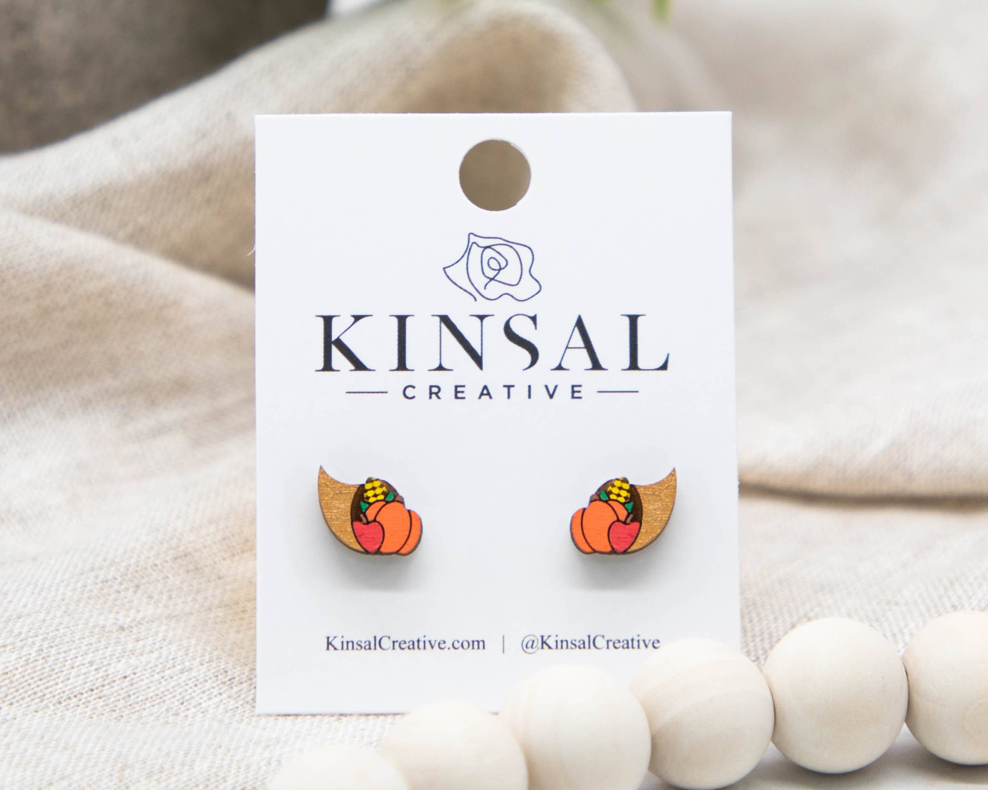 Kinsal Creative - Wholesale Stud/Post Earrings - Cornucopia Wood Stud Earrings0