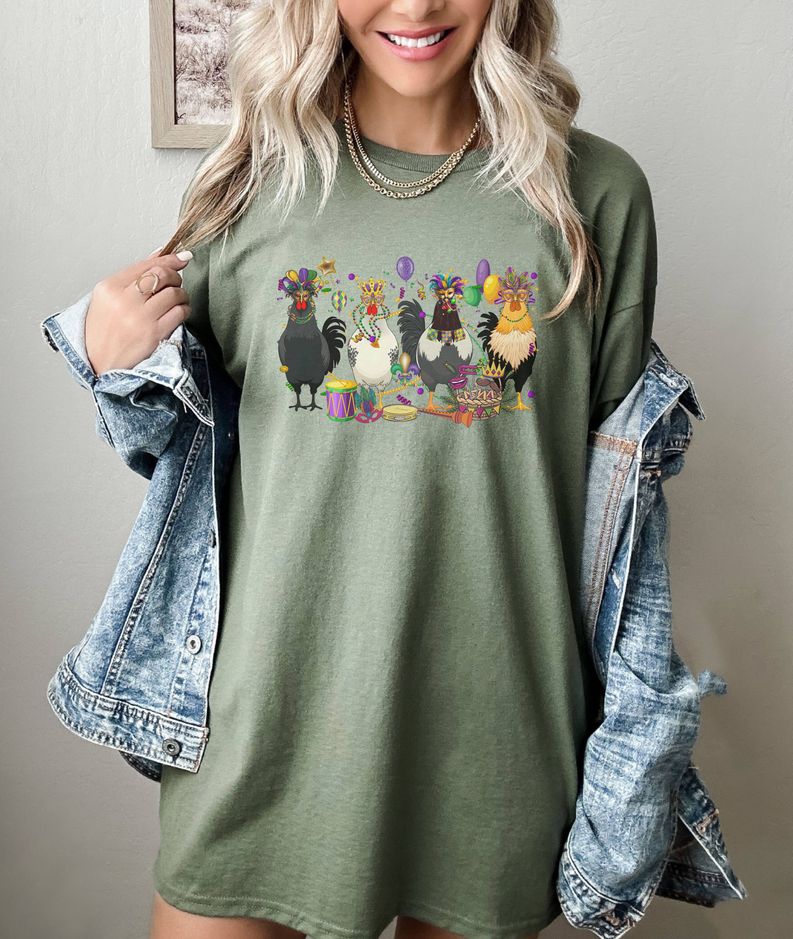 SONDO DESIGN LTD – wholesale Tunic – Women’s – Mardi Gras Chickens Shirt, Mardi Gras Farm Animal Tshirt4