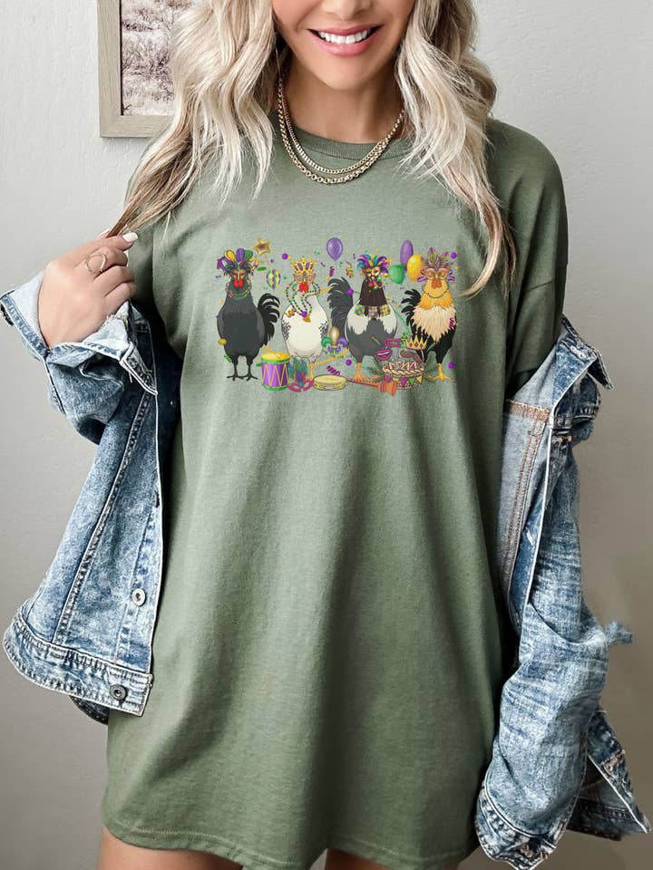 SONDO DESIGN LTD – wholesale Tunic – Women’s – Mardi Gras Chickens Shirt, Mardi Gras Farm Animal Tshirt4