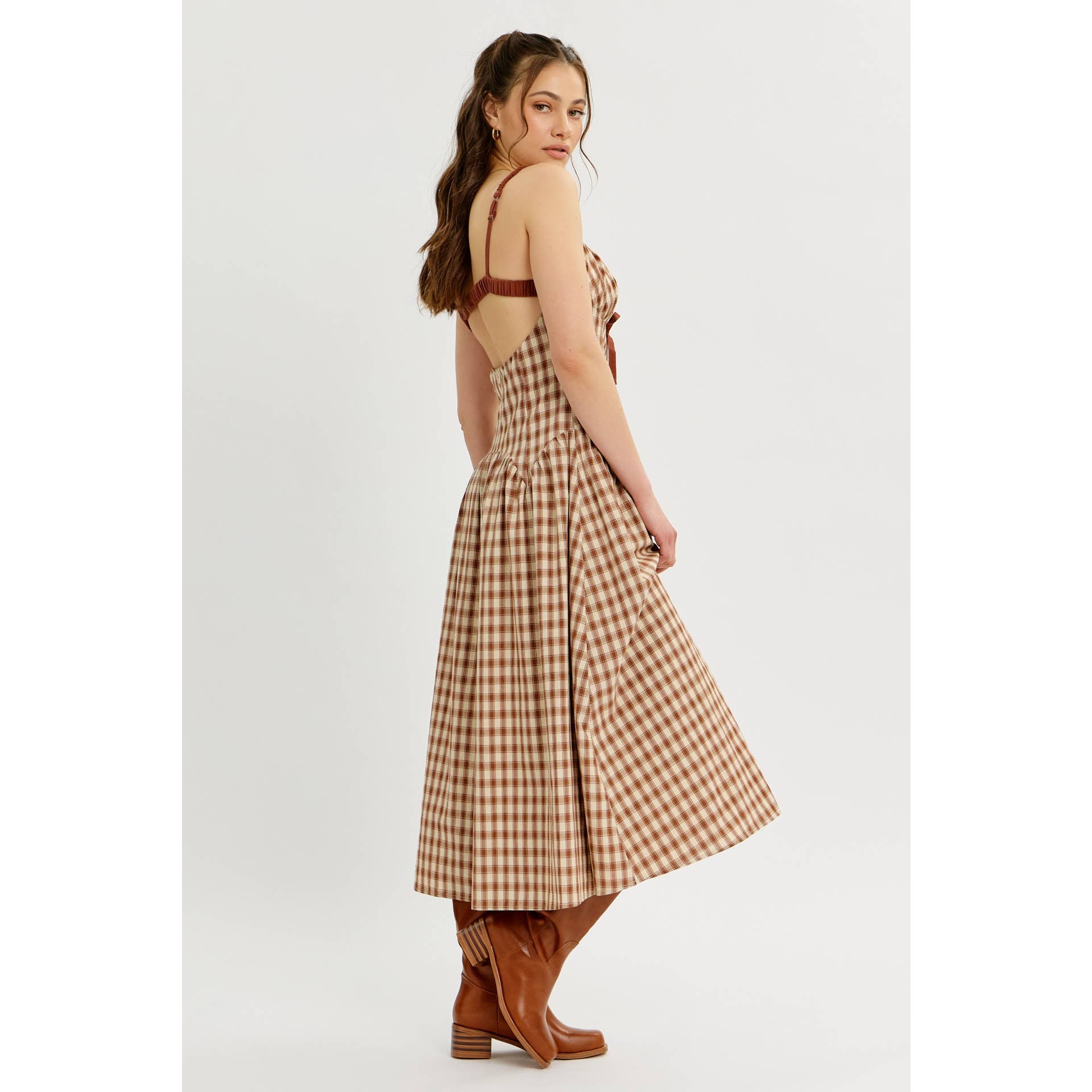 idem ditto - Wholesale Dress - Women's - PLAID MIDI DRESS WITH RUCHED BUST AND OPEN BACK23