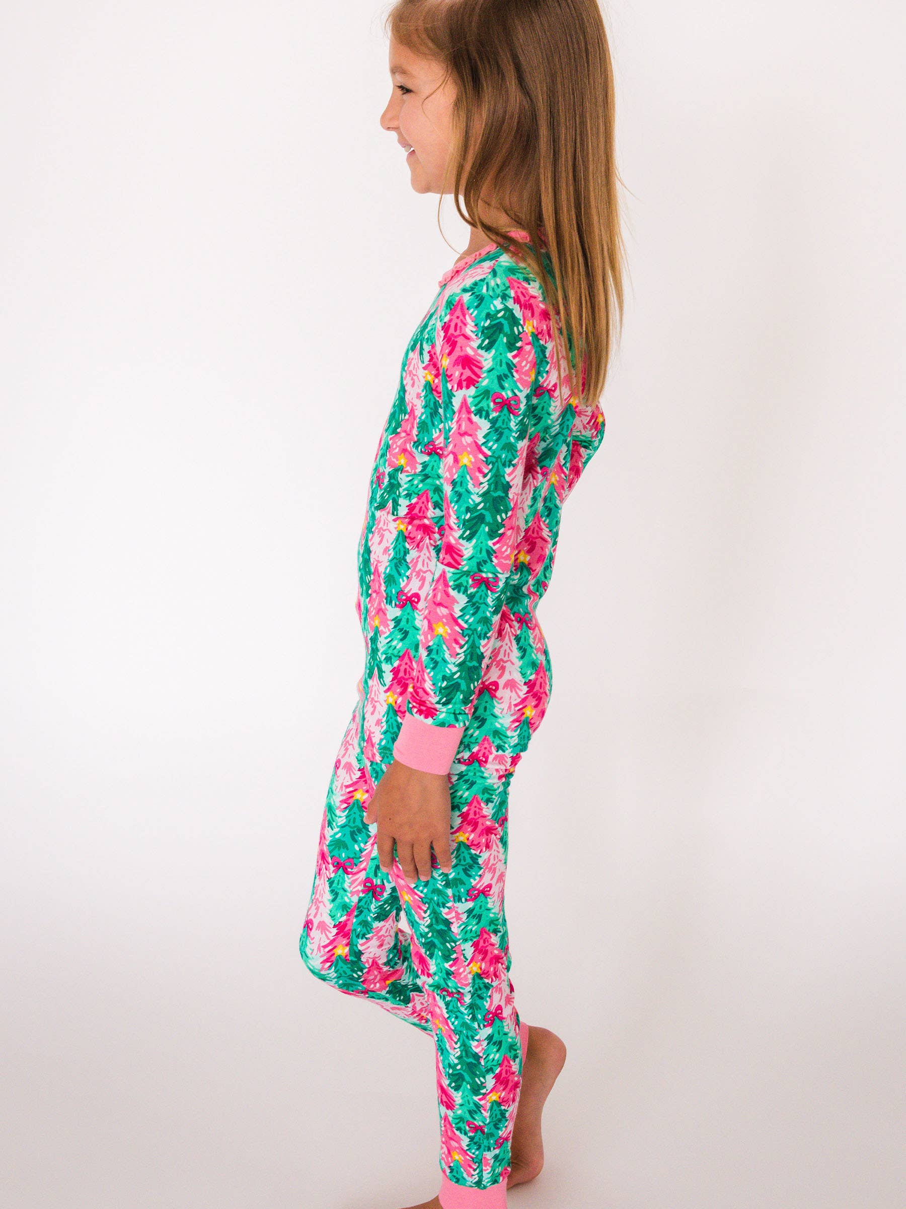 SoftSnooze™ Girls Bamboo Viscose Pink Jolly Grove Ruffle Long Sleeve Pajama Set for wholesale on Faire2