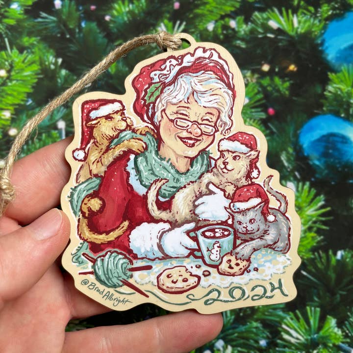 Mrs Claus 2024 Christmas Ornament - "The Original Childless Cat Lady" Mrs. Kat Claus for wholesale by Albright Illustration & Design