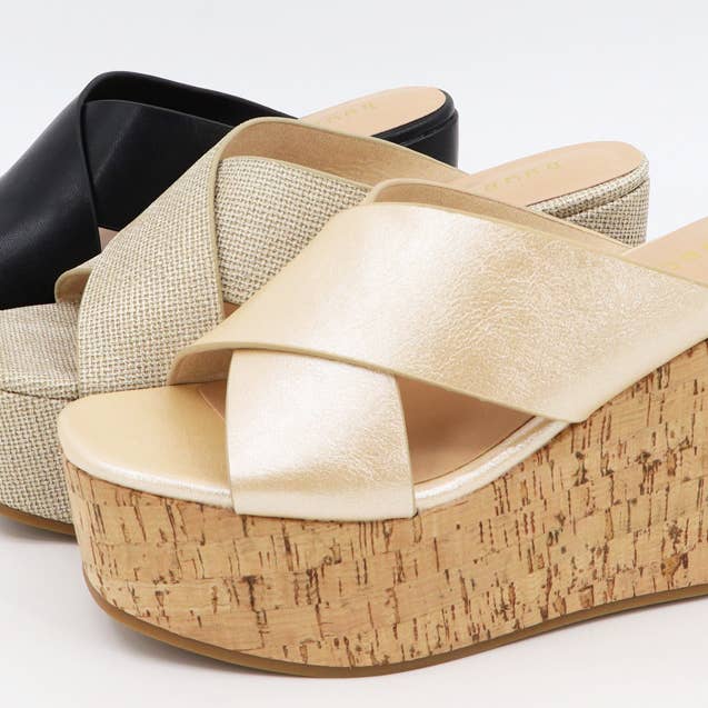 Mars Sky Shoes Wholesale - Vente Chaussures compensées – femme - Sandales en bambou à plateforme compensée et bretelles entrecroisées pour femmes