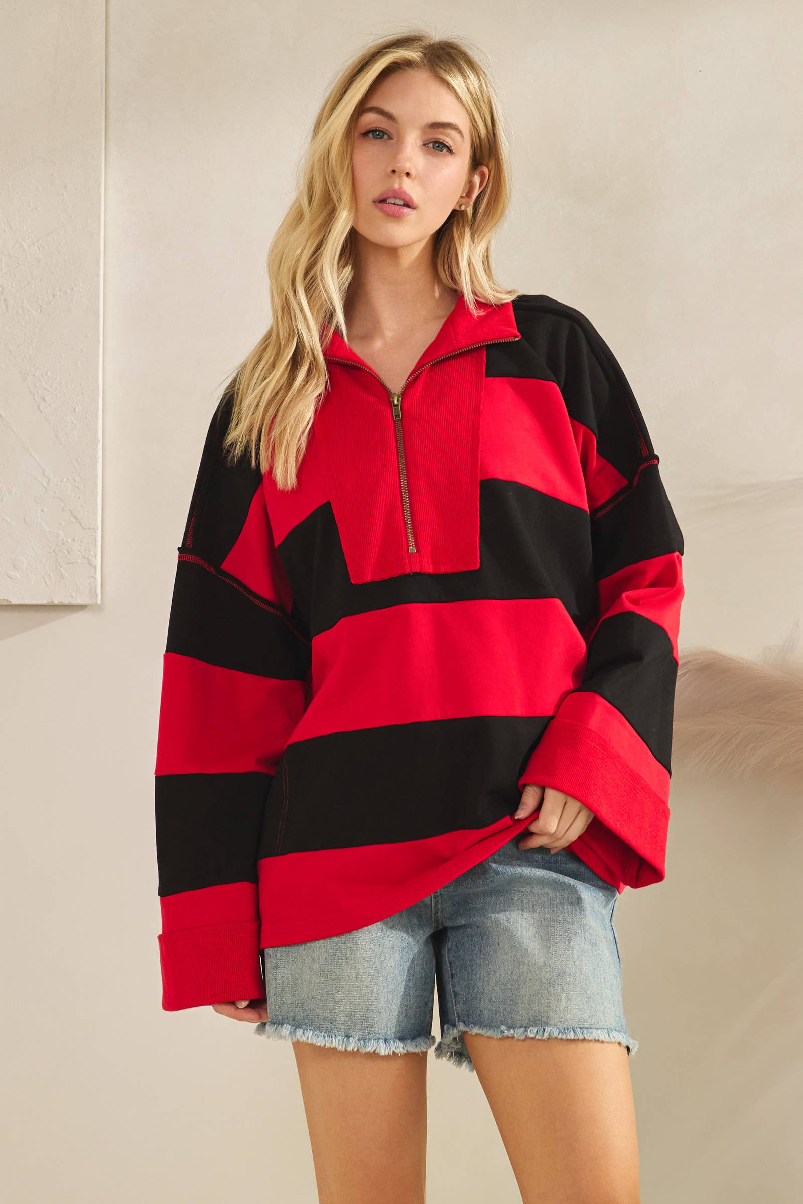 Sewn and Seen - Vente Sweat-shirt – femme - Pull à fermeture éclair rayé27