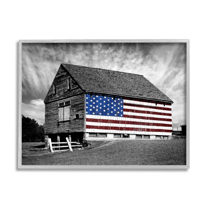 Stupell Industries - Wholesale Kunstprint - zwart-wit boerderij schuur Amerikaanse vlag ingelijst