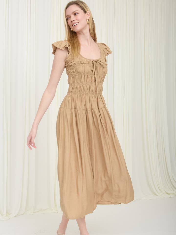 PLUS SHIRRED BODICE RUFFLE SLEEVE MIDI DRESS for wholesale by MINE