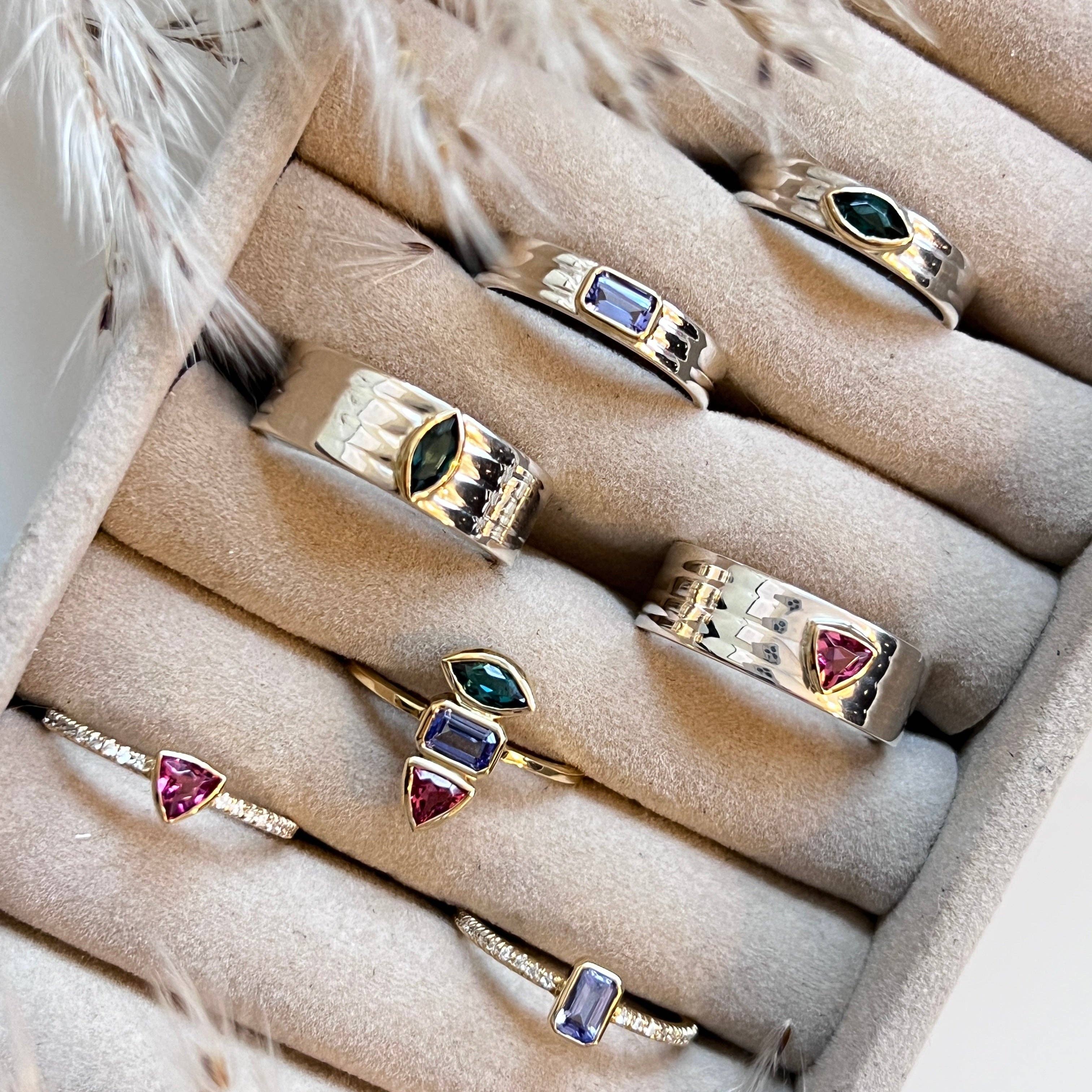 Elliot Young Fine Jewelry - Wholesale Multi-Stone Ring - 14K Yellow Gold Skinny Diamond Eternity Band With Edge Gemstone: Tanzanite4