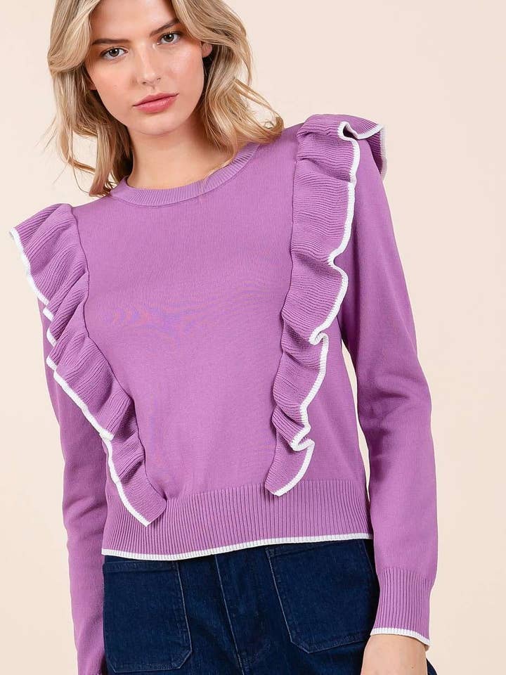 CONTRAST SHOULDER RUFFLE KNIT SWEATER TOP for wholesale by mittoshop