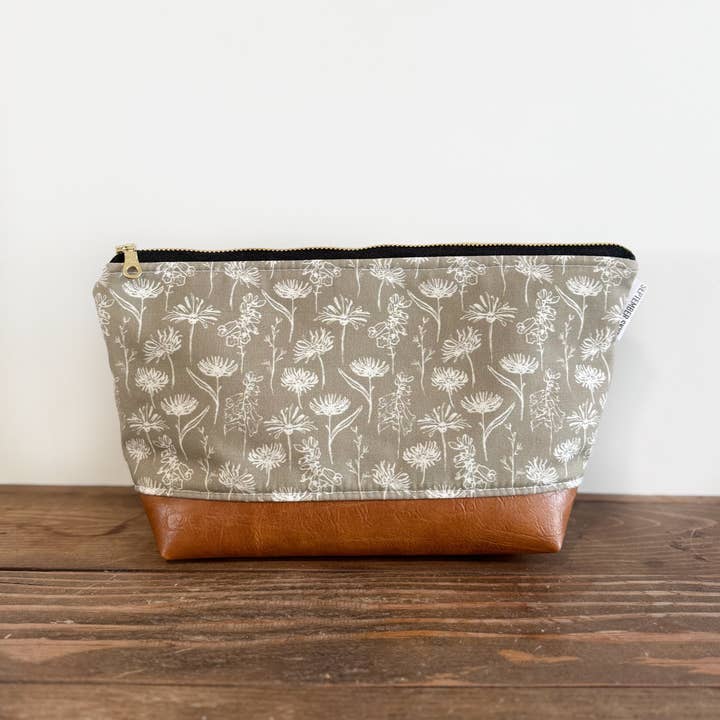 Makeup bag in wildflower khaki for wholesale by September Skye Bags & Accessories