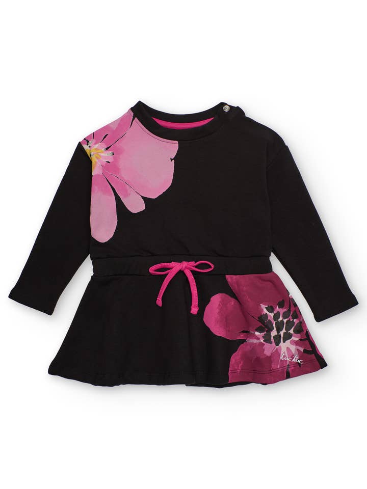 Girl's dress in black with fuchsia flowers for wholesale by tuc tuc