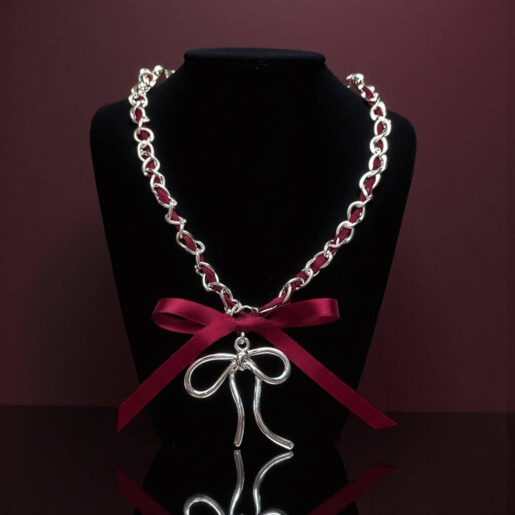 Supr Nova Wrists - Wholesale Pendant/Charm Necklace - Burgundy Ribbon Bow Necklace0