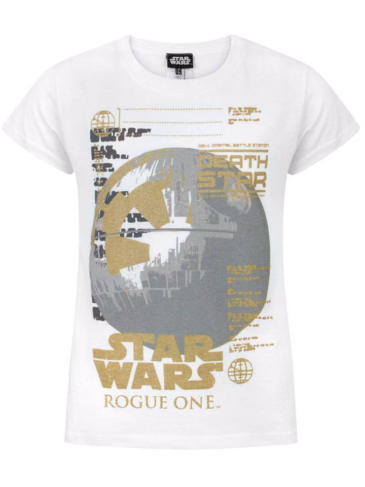 T-shirt blanc à manches courtes Star Wars Death Star pour filles pour la vente par Vanilla Underground
