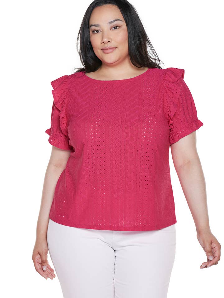 Plus Size Knit Eyelet Ruffle Sleeve Top for wholesale by Belldini