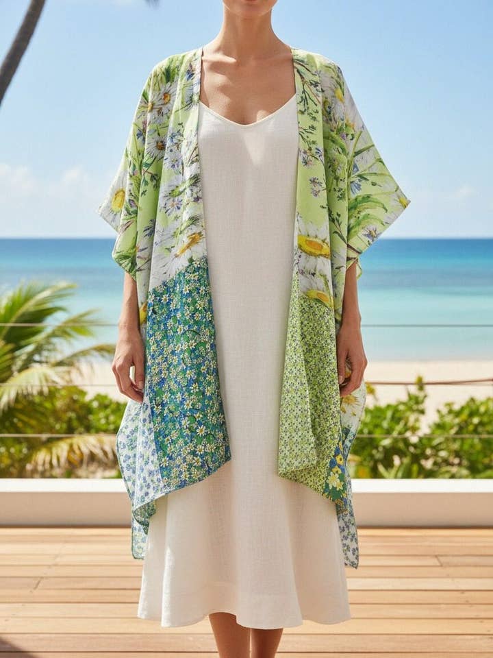 JC081177 Forårsgrøn Daisy Patchwork Kimono/Overtræk for engroshandel hos JC Sunny Fashion