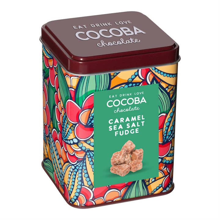 Cocoba Caramel Sea Salt Fudge in Gift Tin for wholesale by Two's Company - Seasonal Collection