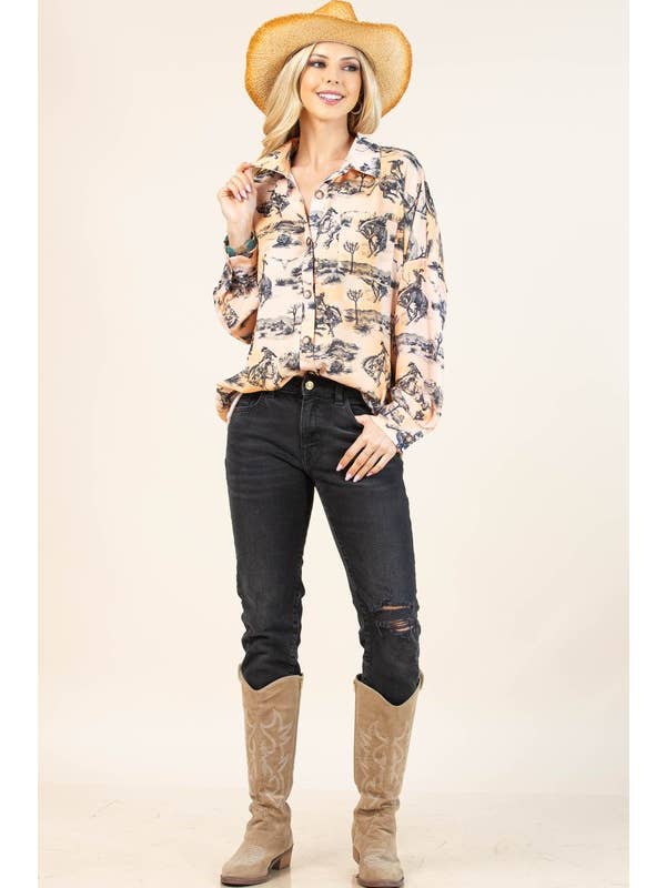 Light Mustard AV1263-AMBERLY BUCKING HORSES PRINT BUTTON DOWN WOVEN SHIRT for wholesale on Faire5