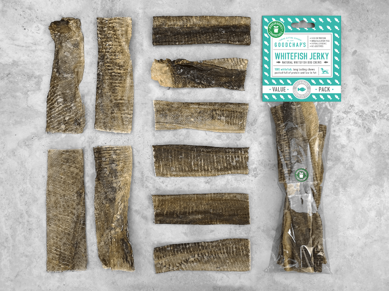 Goodchap's – wholesale Pet treats – Dog – Whitefish Jerky Value Pack | Healthy Dog Chews | Eco Treats4