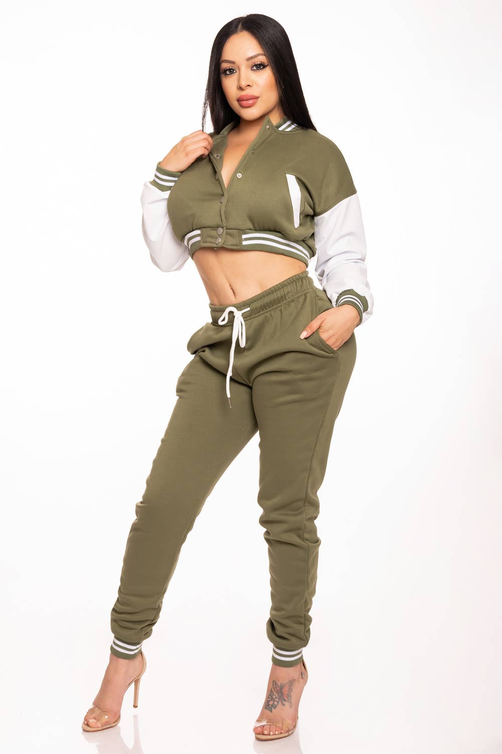 Lime All the Time - Wholesale Lounge Set - Women's - Cropped Varsity Jacket and Jogger Pants Set11