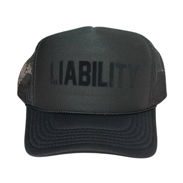 LIABILITY - Tonal Black Trucker Hat for wholesale by Littlebrightbird