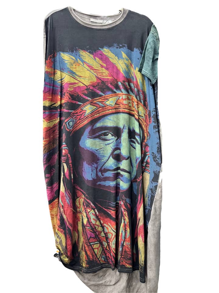 T-Shirt Dress with Colorful Print of Indian Chief for wholesale by LeParisPetit by I Love Linen