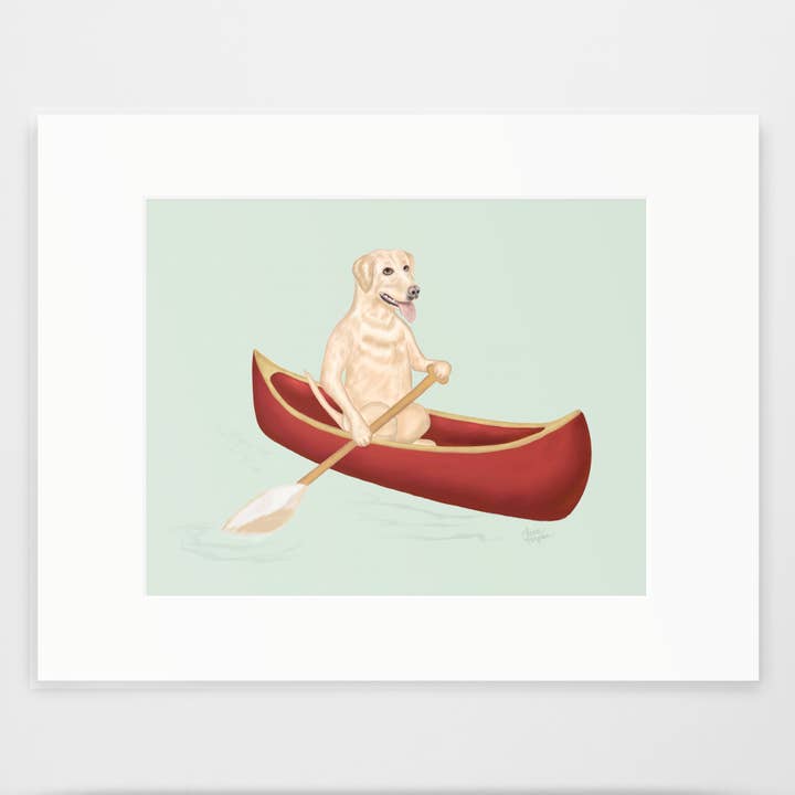 Impression artistique Labrador Retriever, Doggie Paddle, jaune/vert pour la vente par Laura Bergsma Studio