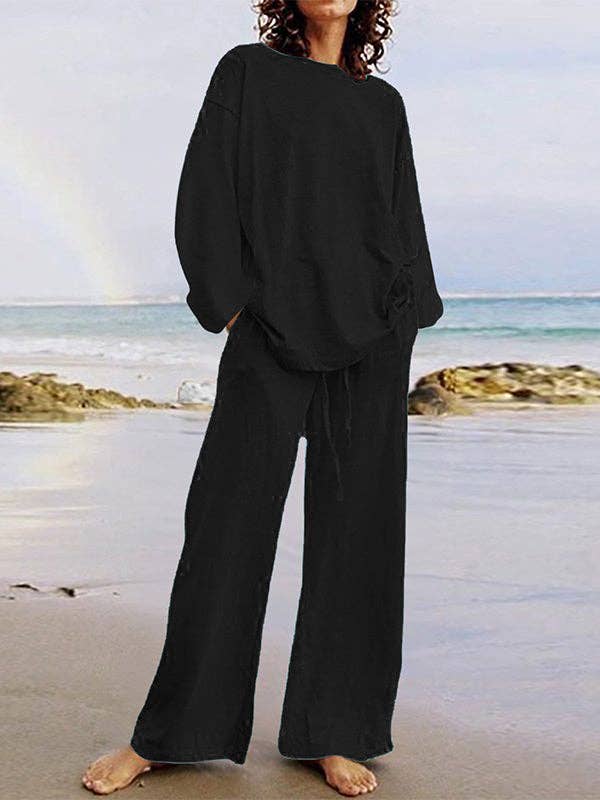 Plush Looks - Wholesale Top & Pant Set (NOT Loungewear) - Women's - Solid Color Loose Long Sleeves Round-Neck Shirts Top + Drawstring Pants Bottom Two Pieces Set