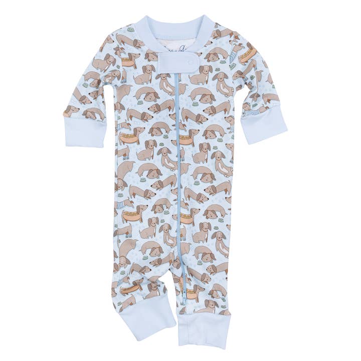 Dachshund Zip Pajamas - Blue by Luna and Arlo for wholesale by Magnolia Baby