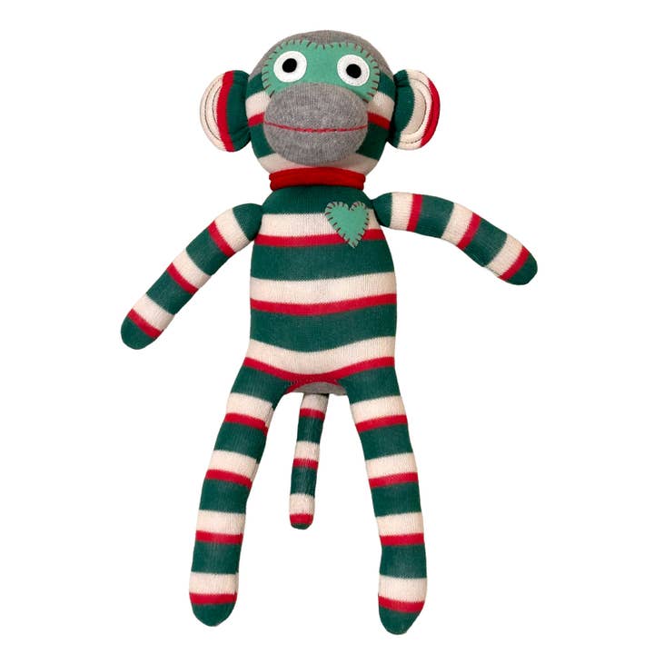 Singe en chaussettes en peluche midi rayé vert/rouge/blanc pour la vente par HickUps