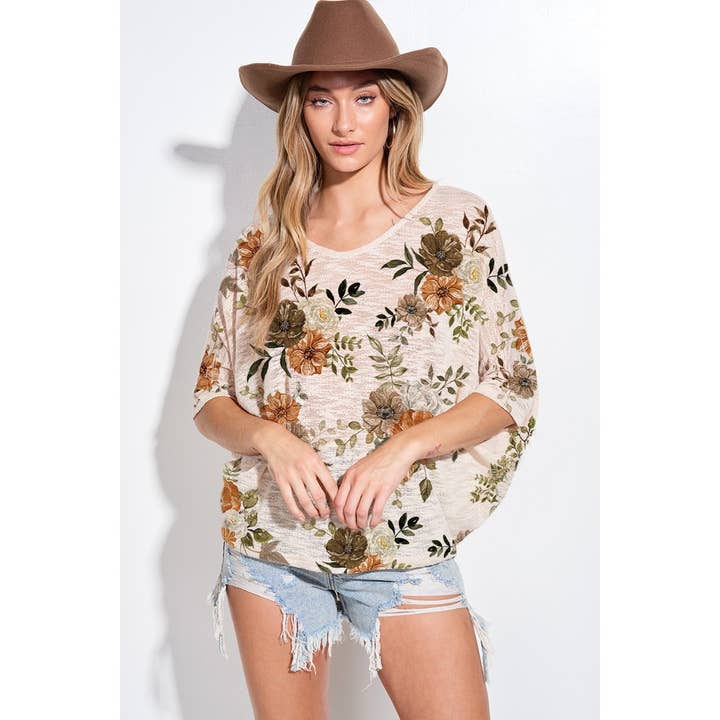 Floral print knit V neck Three Quarter Sleeve Top for wholesale by Phil Love