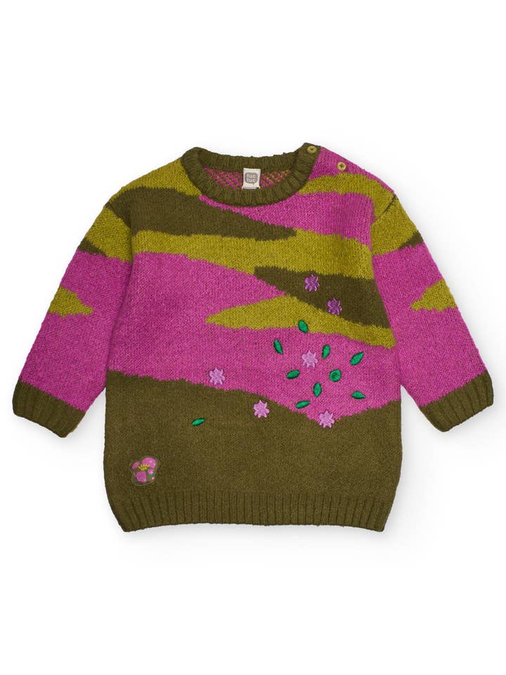 Pigetrøje i grøn og pink med blomsterbroderi for engroshandel hos tuc tuc