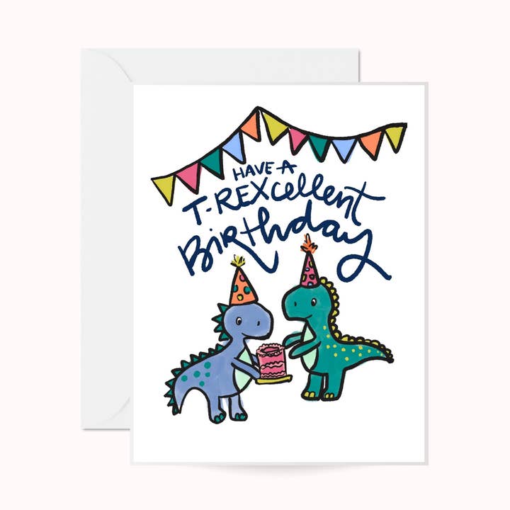 Biglietto di compleanno T-Rexcellent | Carta con dinosauri | Festa per bambini | per la vendita all'ingrosso da parte di Anna Whitham Co.