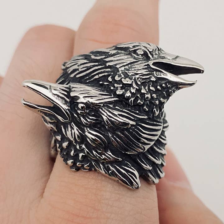 Death Messenger Double Crow Stainless Steel Men's Ring-MJ/MR for wholesale by Mio Queena