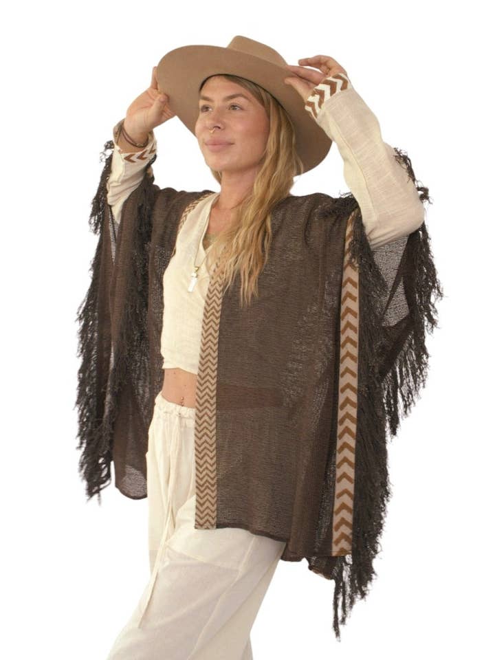 Cacao Mesh Open Poncho with Fringe for wholesale by Sacred Ceremony