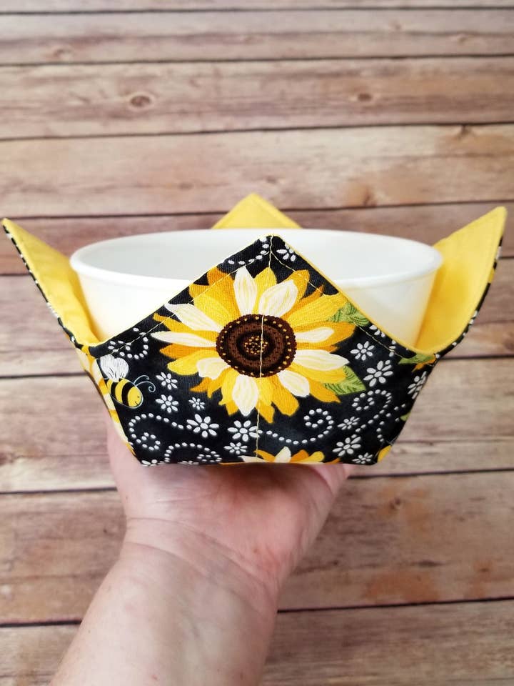Sunflower Bowl Cozy Hot Pad | Sunflowers & Bee Padded Holder for wholesale by Burpie Bibs Boutique