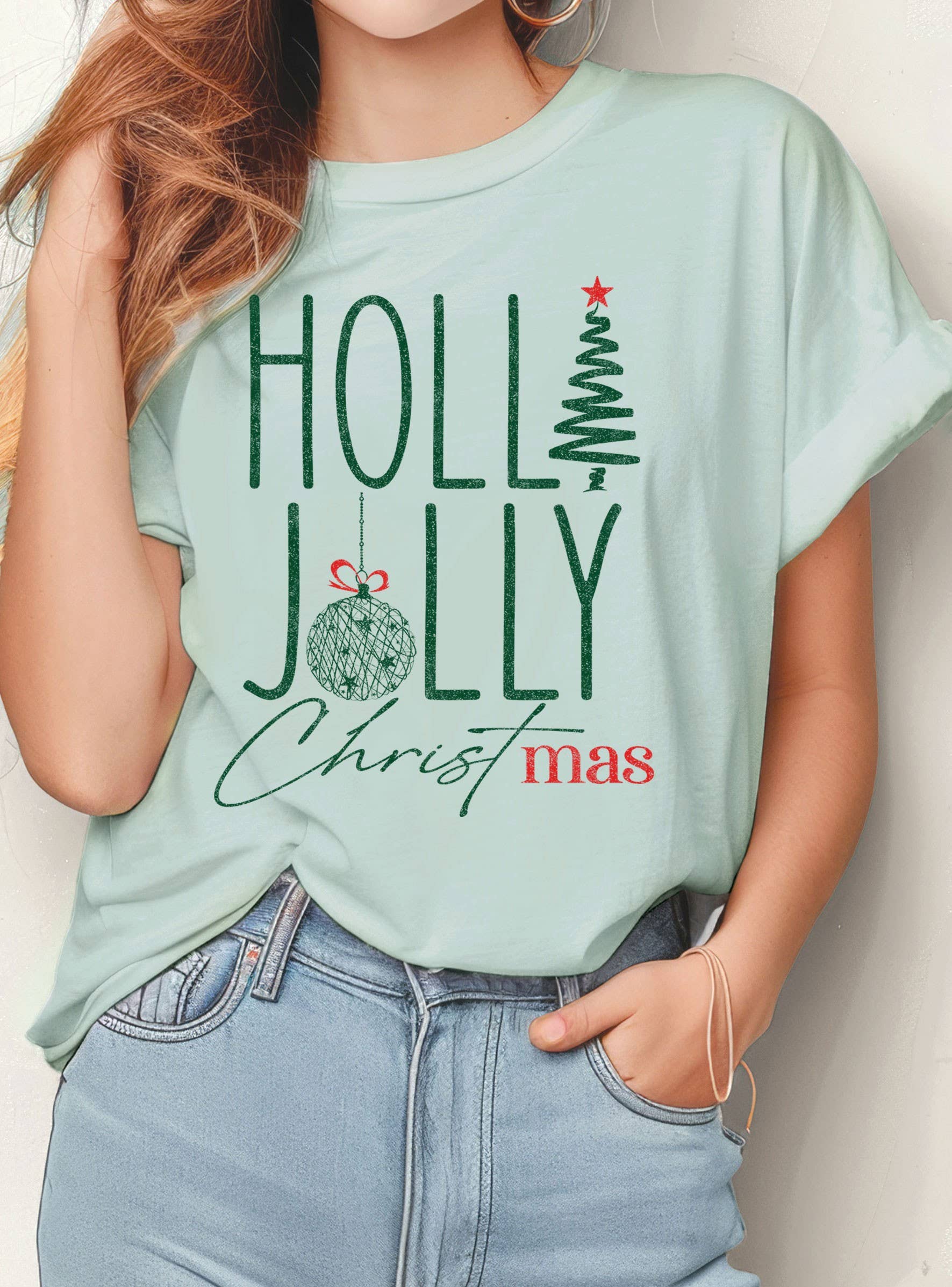 Rustee Clothing - Wholesale Screen Printed T-Shirt - Women's - HOLLY JOLLY CHRISTMAS TREE GRAPHIC TSHIRTS1