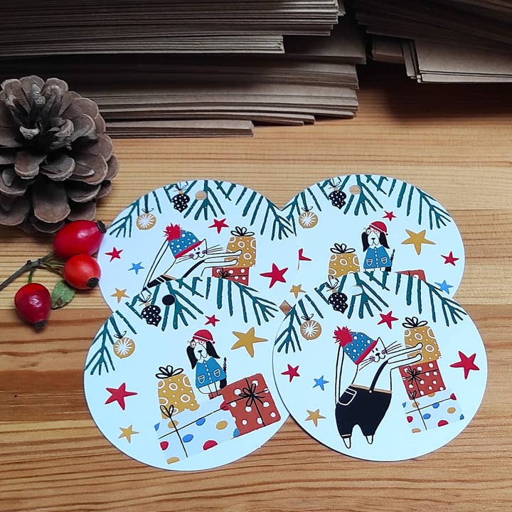 30015 SET OF 4 pcs Christmas GIFT TAGS/Cat and Dog/EN for wholesale by SIMPLY PAPER LOVE