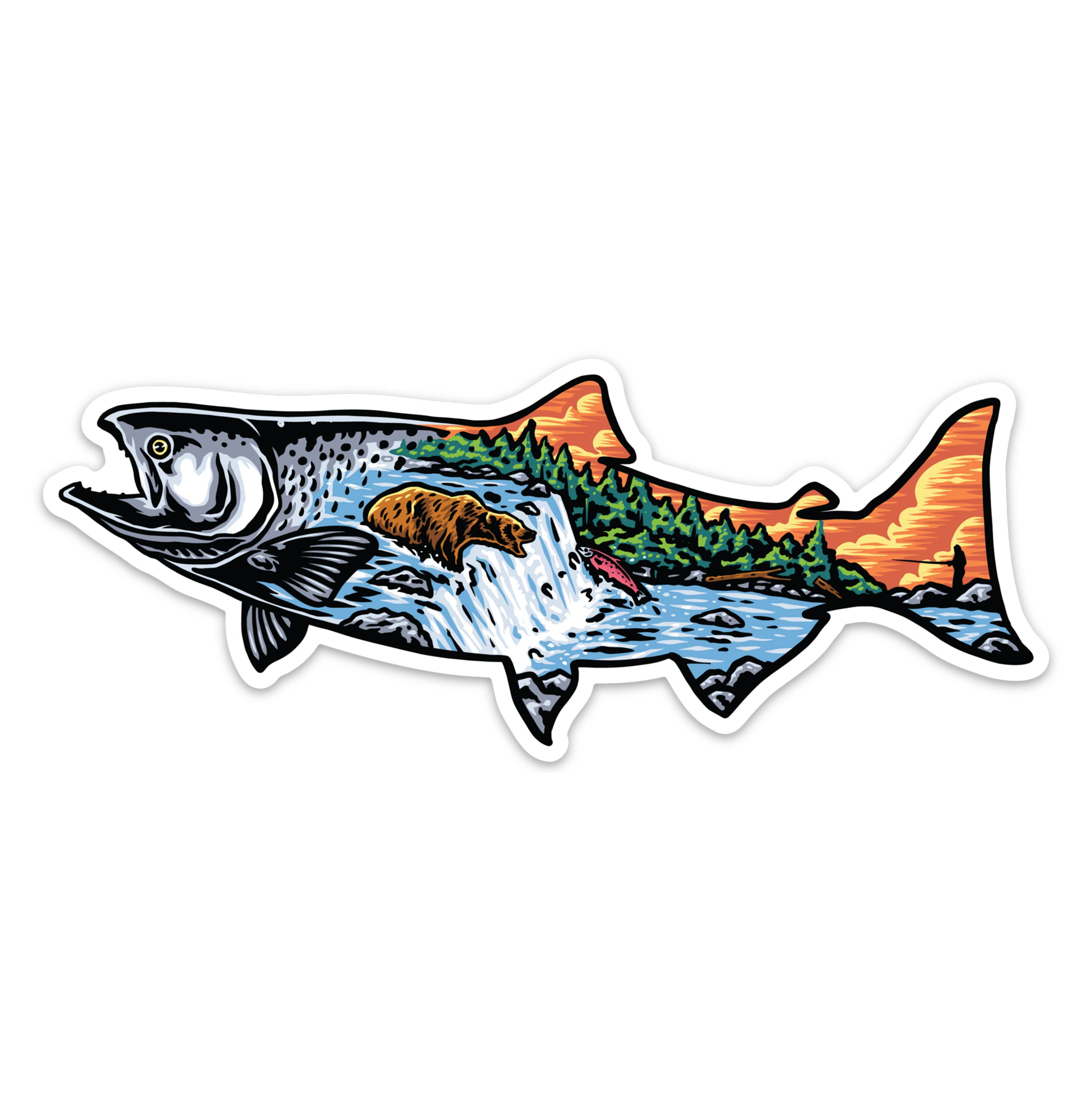 Bloom & Wander - Wholesale Sticker - Fishing Salmon Stickers | Bear in Alaskan River | Outdoors2