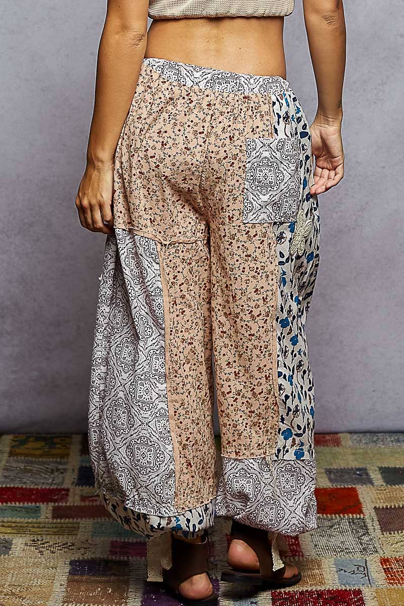 Pol Clothing - Wholesale Pants - Women's - Crochet patch detail contrast patchwork printed woven pants25