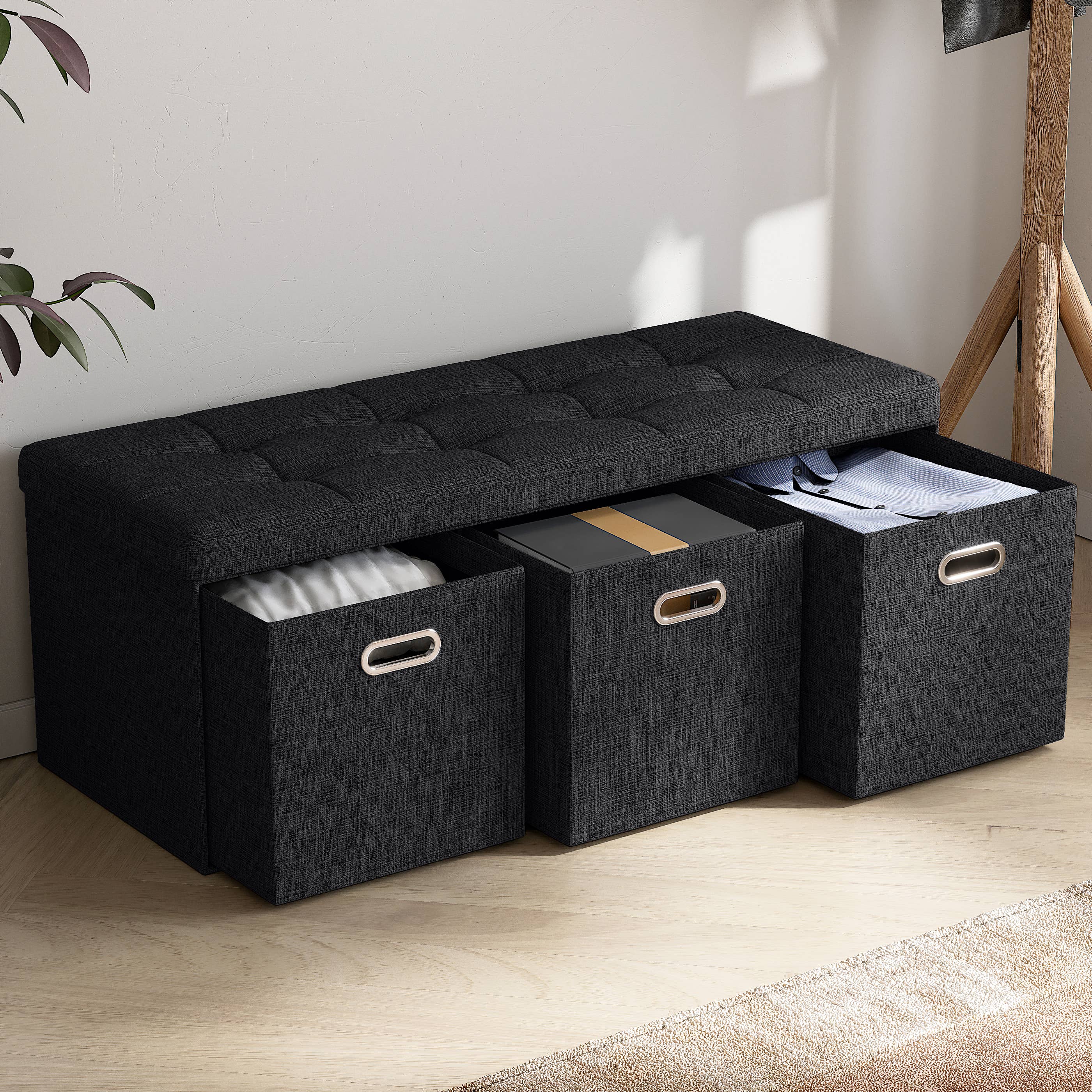 Ornavo Home – wholesale Ottoman – Foldable Tufted Linen Bench Storage Ottoman with 3 Drawers9