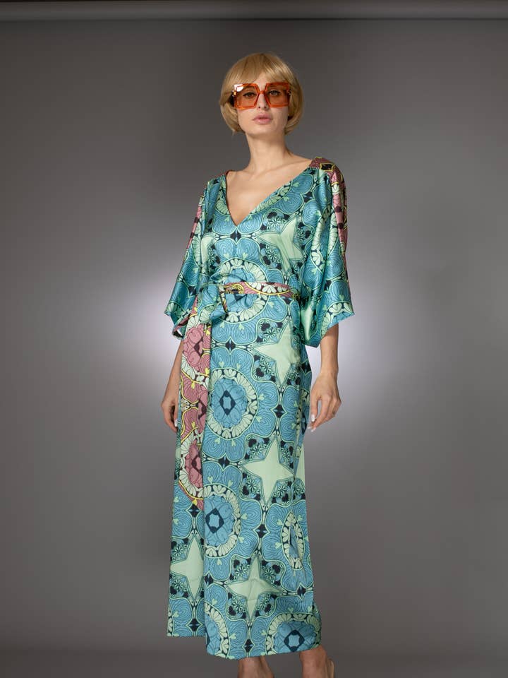 Multi-Color Belted V-Neck Kaftan Satin Dress for wholesale by Nuvula