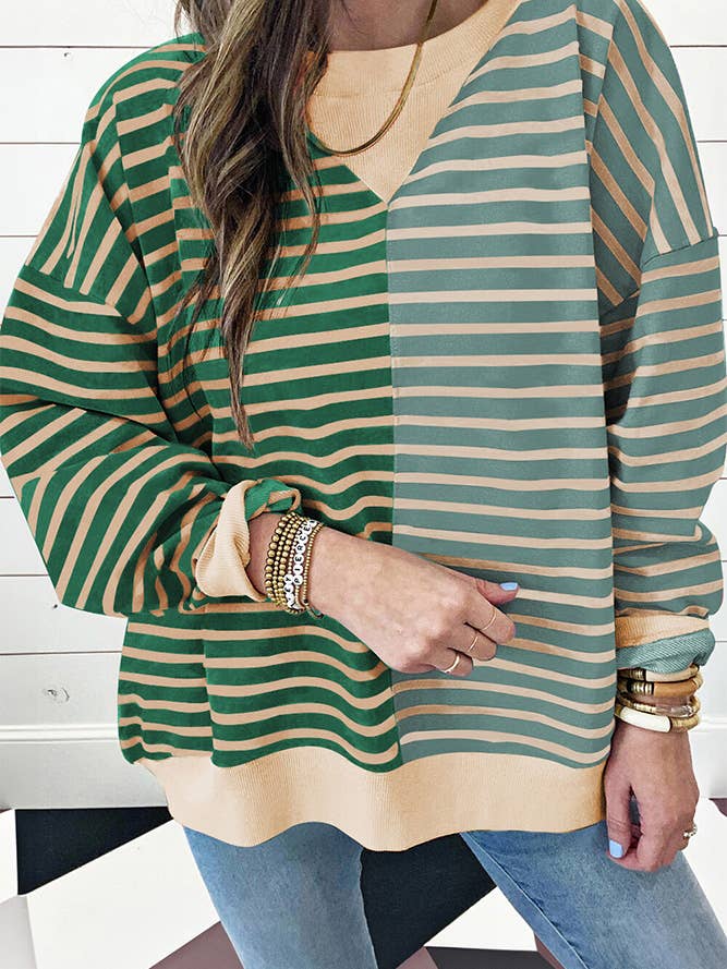 UNISHE - Wholesale Sweatshirt - Women's - Long Sleeves Colorblock Stripes Sweatshirt ASJP1095